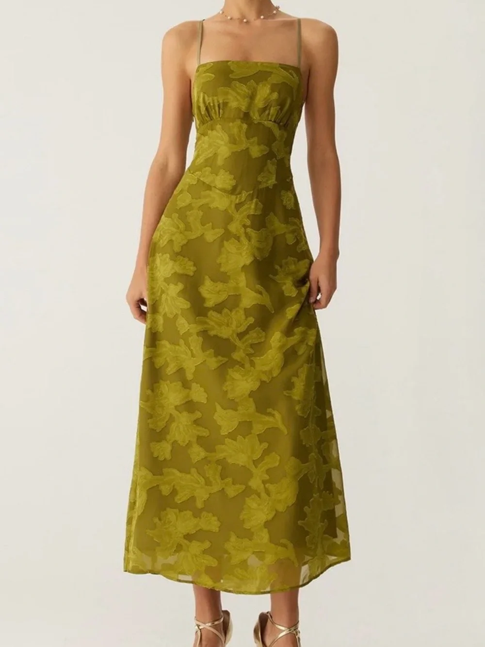 Olive Green Floral Slip Midi Dress - Picture 1 of 3